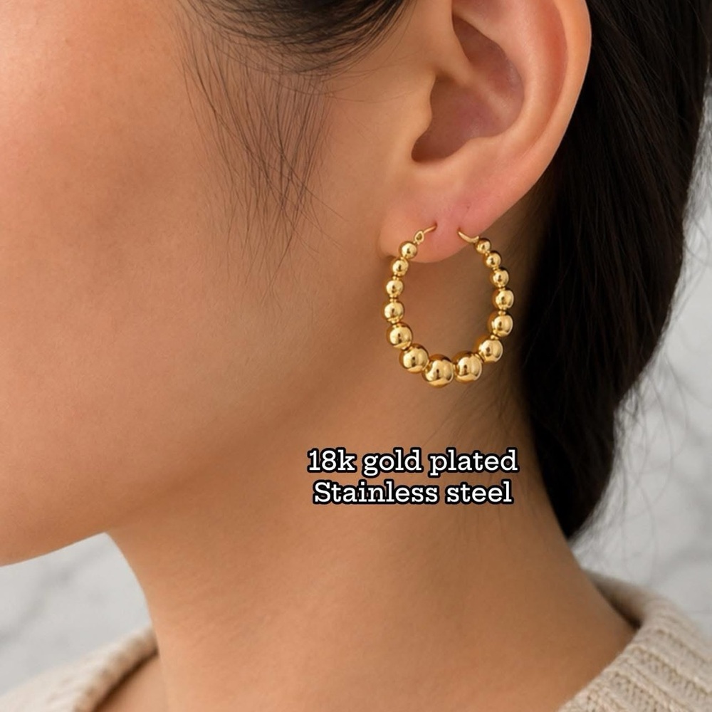18K Gold Plated Beaded Hoop Earrings - Women Jewelry
